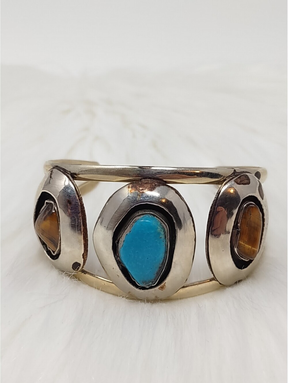 Sterling Silver Gold Tone Turquoise Tiger Eye Cuff Bracelet